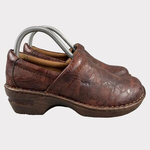BOC BORN O Concept Womens‎ 8.5 W Clogs Tooled Leather Floral Prints Shoes Brown